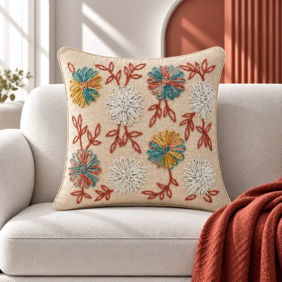 Thread Garden Slub Embroidered Cushion Cover