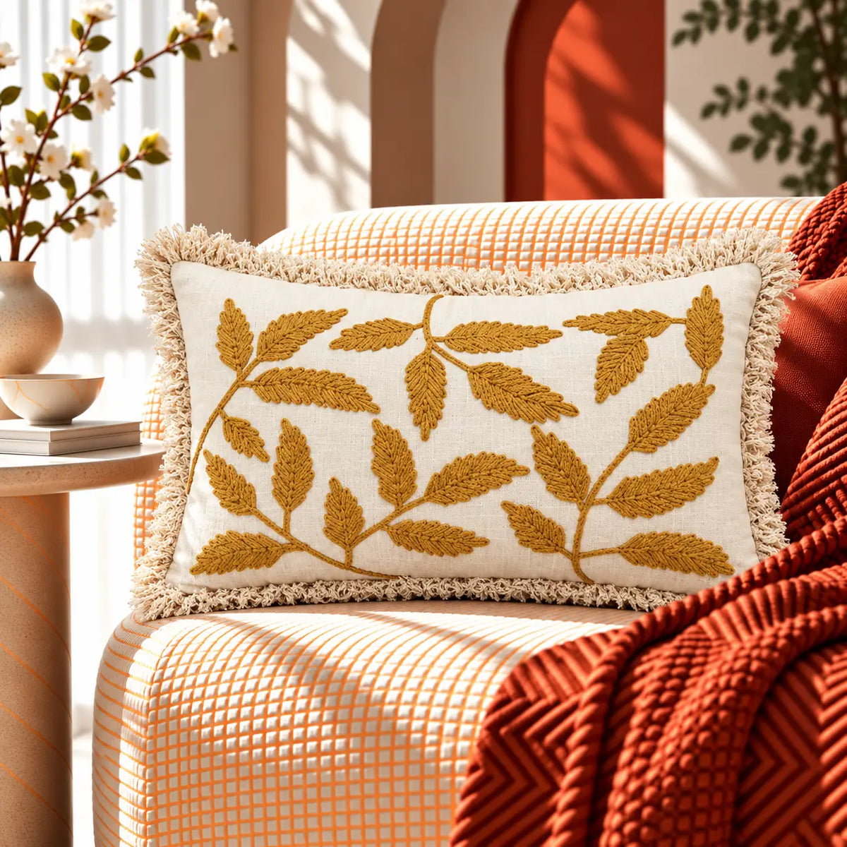 Golden Leaves Embroidered Cushion Cover