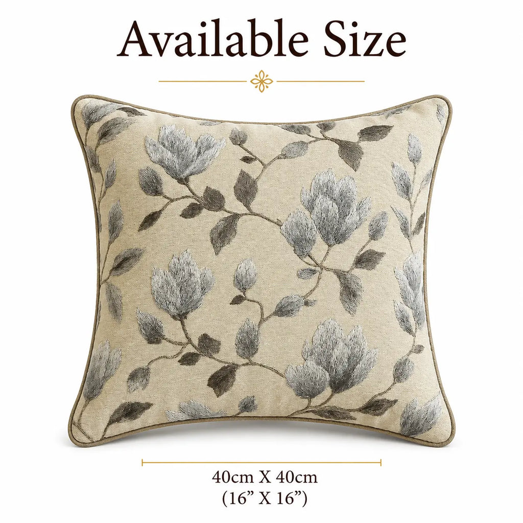 Grey Blossom Embroidered Cotton Cushion Cover