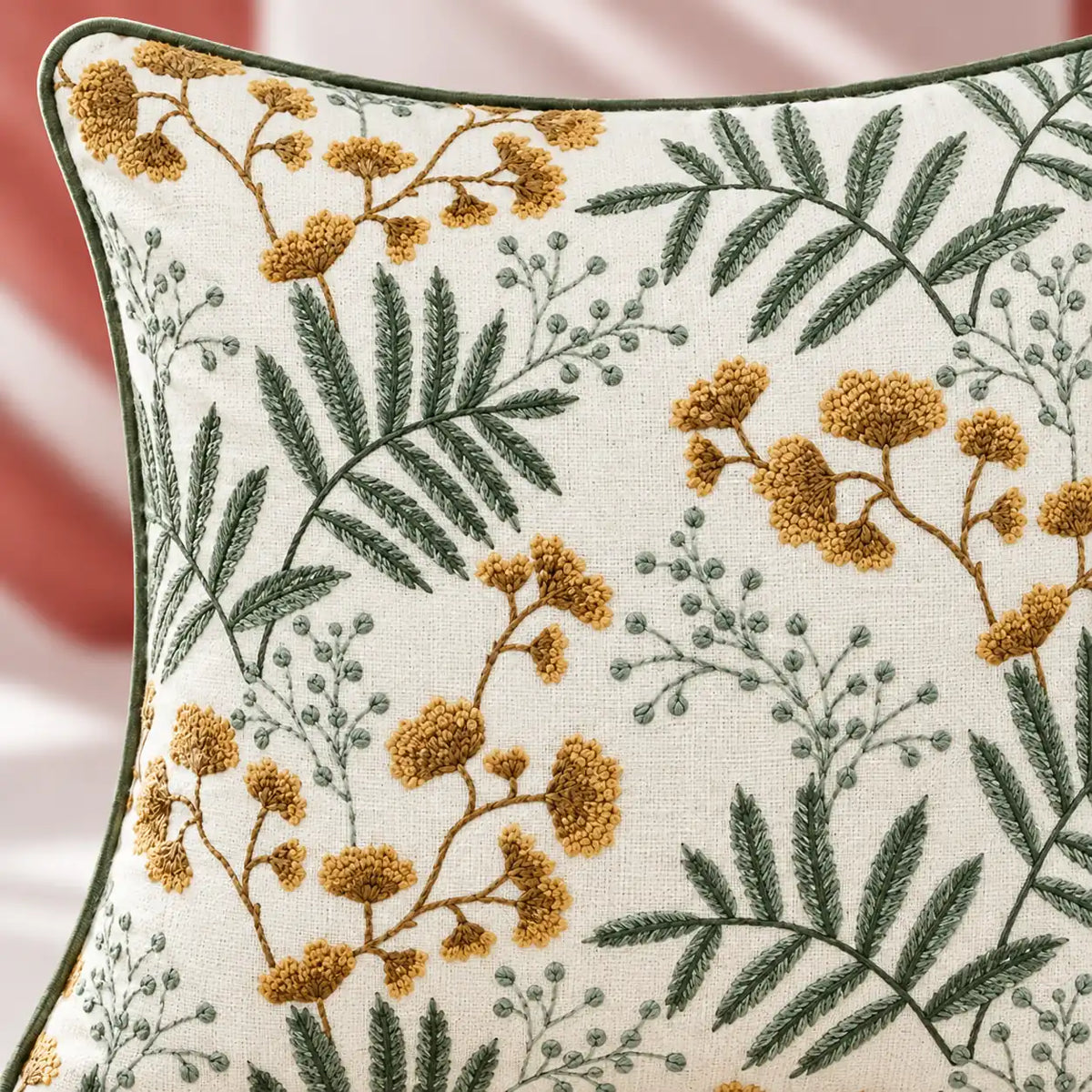 Golden Fern Embroidered Cushion Cover