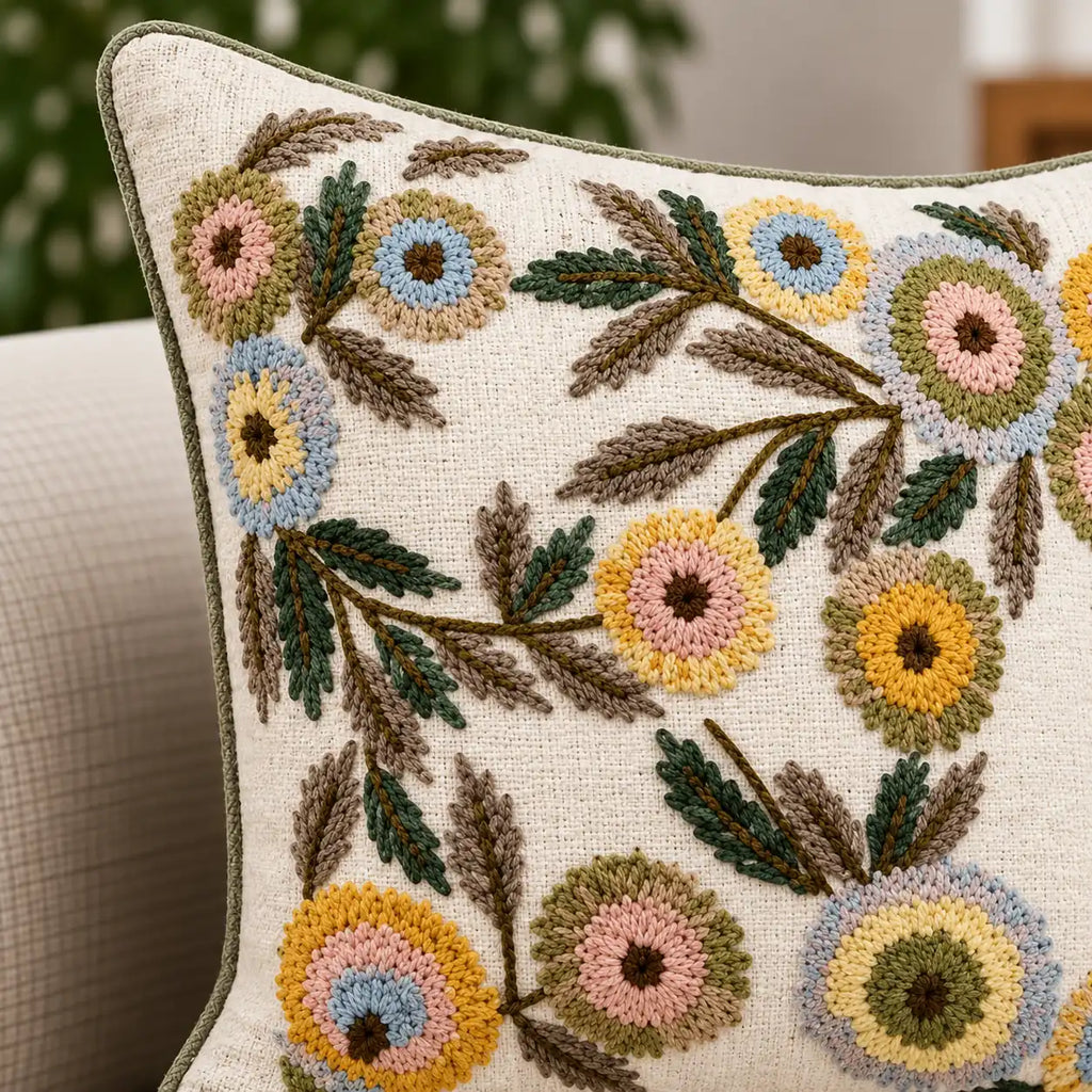 Floral Branch Embroidered Cushion Cover
