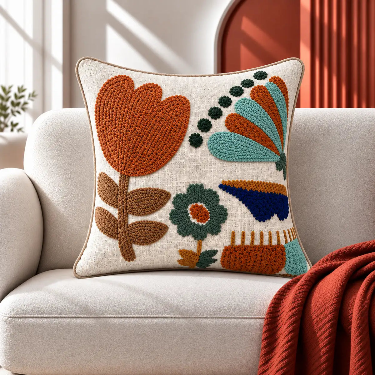 Harvest Bloom Embroidered Cushion Cover