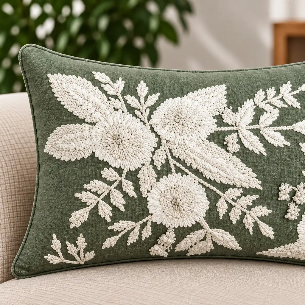 Olive Garden Embroidered Lumbar Cushion Cover
