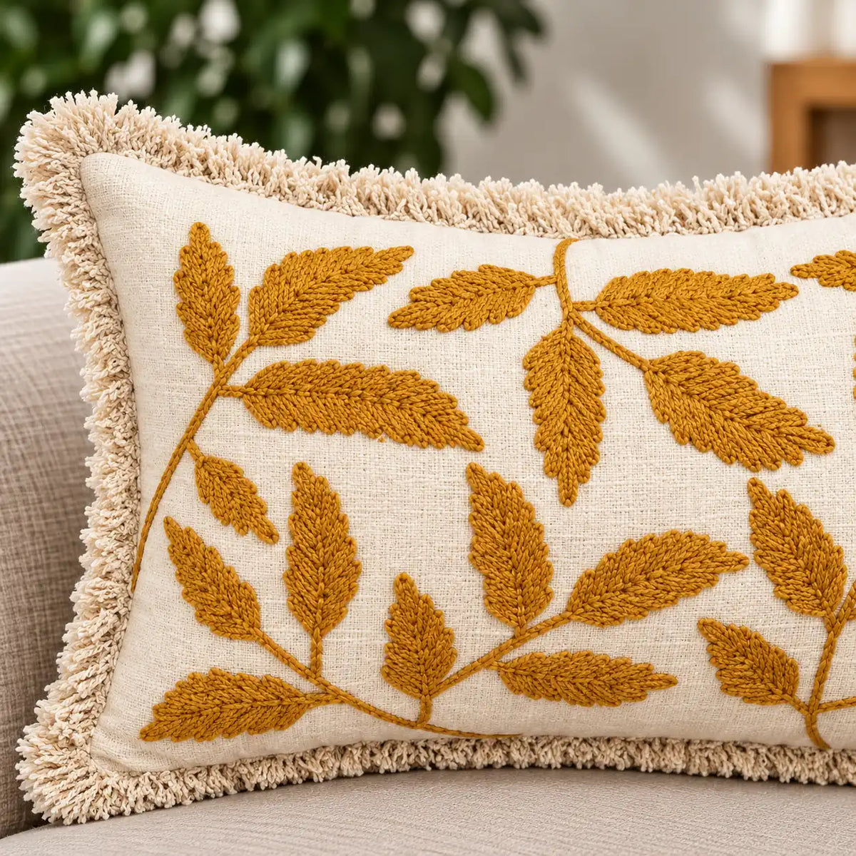 Golden Leaves Embroidered Cushion Cover