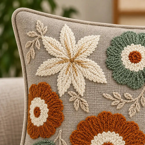 Autumn Flowers Embroidered Cushion Cover