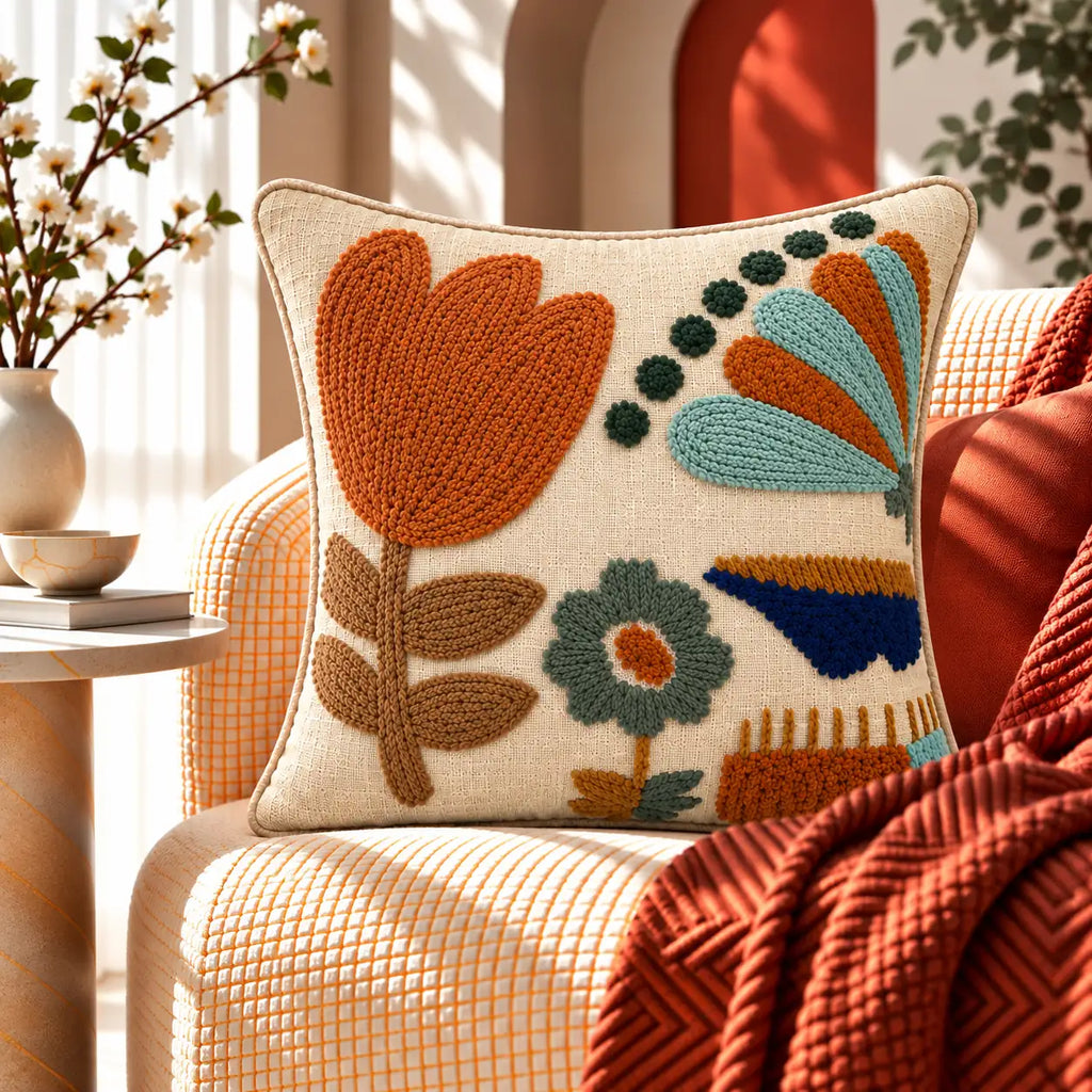 Harvest Bloom Embroidered Cushion Cover