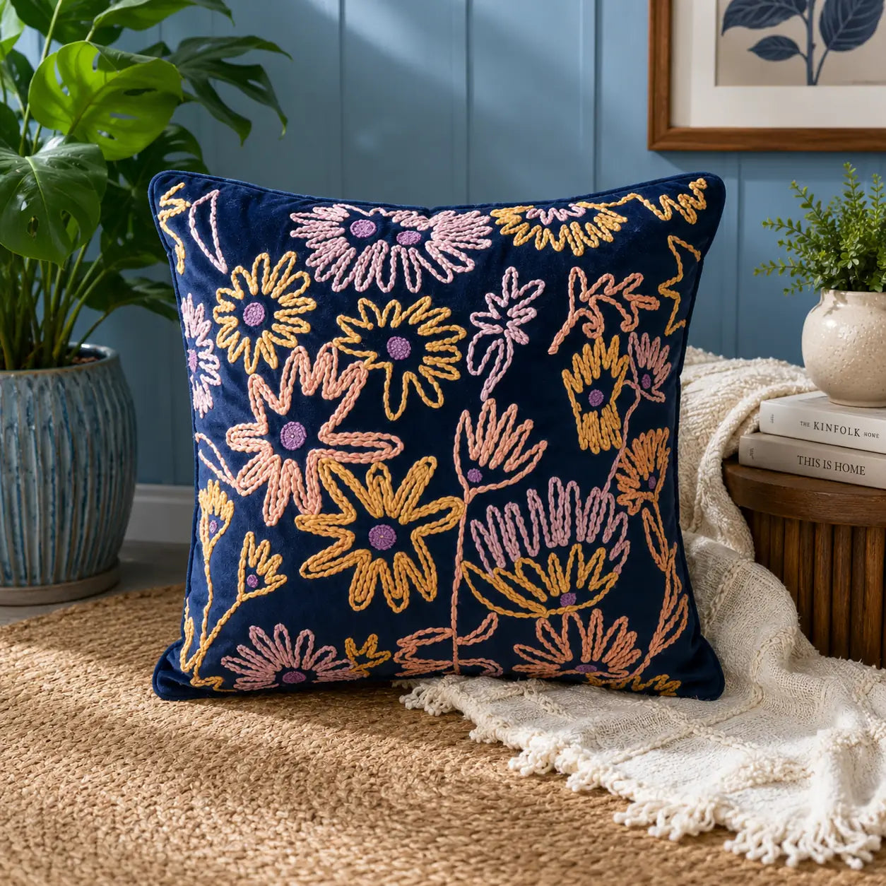 Indigo Meadow Cushion Cover Embroidery (18"x18")