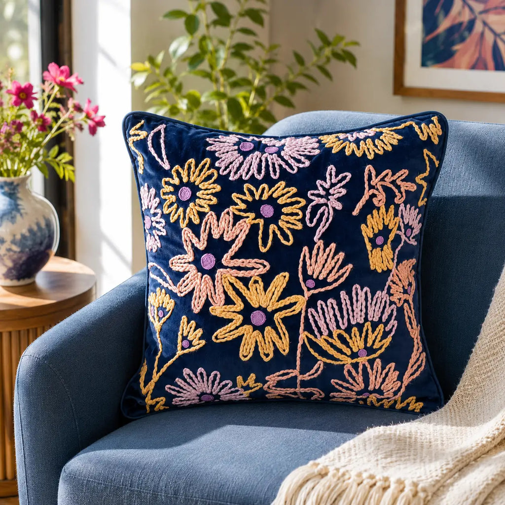 Indigo Meadow Cushion Cover Embroidery (18"x18")
