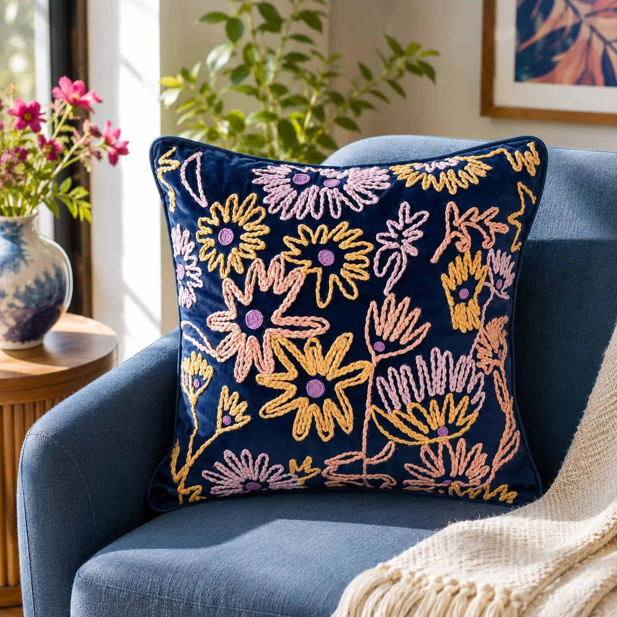 Indigo Meadow Cushion Cover Embroidery (18"x18")