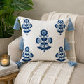 Blue Leaf Tasselette Embroidered Cushion Cover