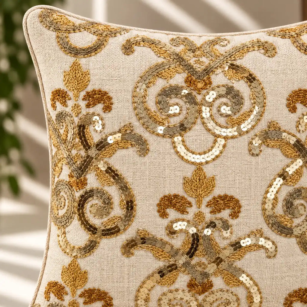 Golden Scroll Beaded Cushion Cover