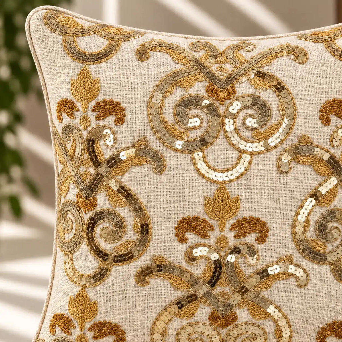 Golden Scroll Beaded Cushion Cover