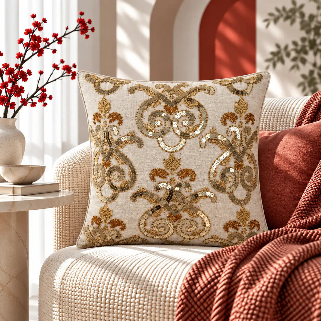 Golden Scroll Beaded Cushion Cover