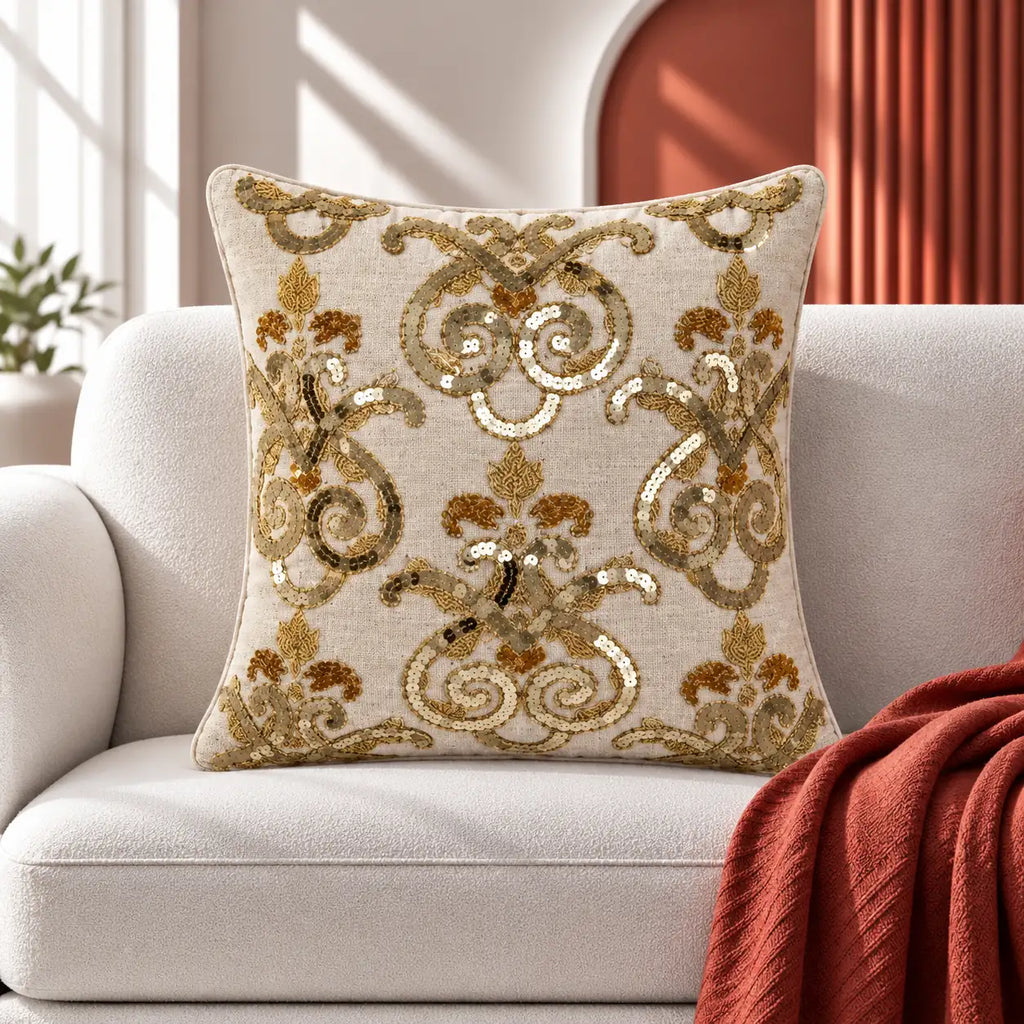 Golden Scroll Beaded Cushion Cover