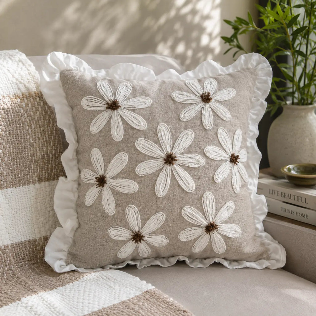 The Ruffled Daisy - Embroidered Cushion Cover