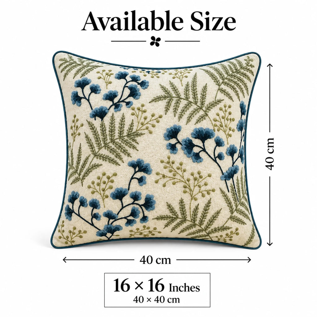 Blue Fern Embroidered Cushion Cover