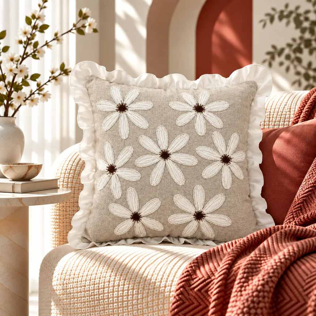 Daisy Ruffle Premium Embroidered Cushion Cover