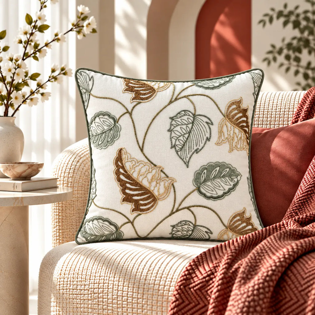Leaf Trail Embroidered Cushion Cover