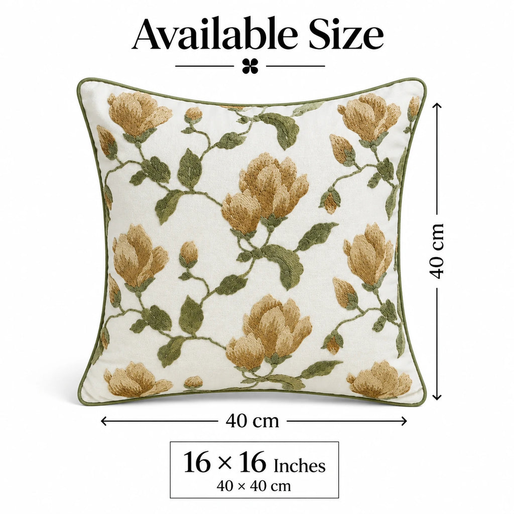 Golden Bloom Embroidered Cushion Cover