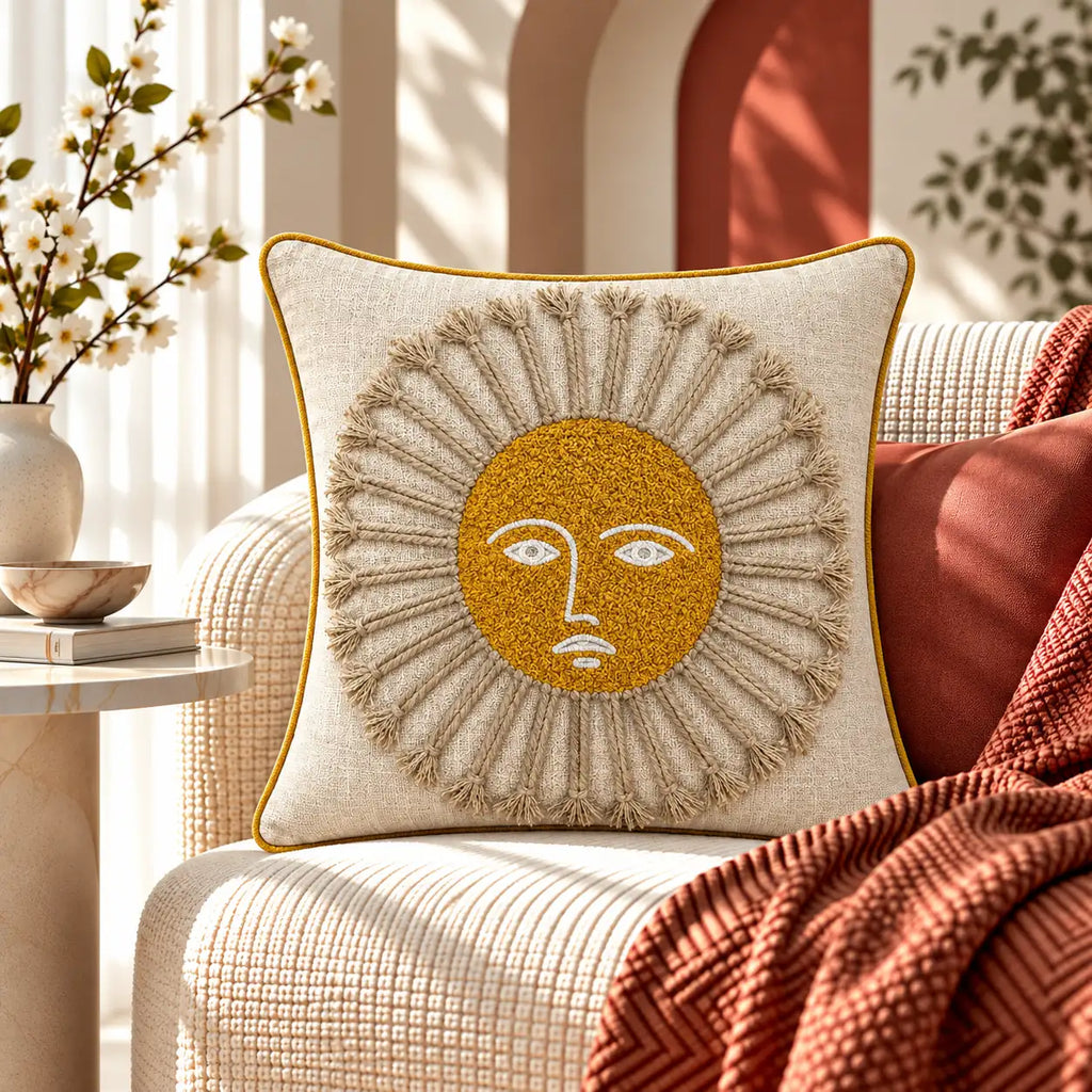 Sun Face Chicken Embroidered Cushion Cover