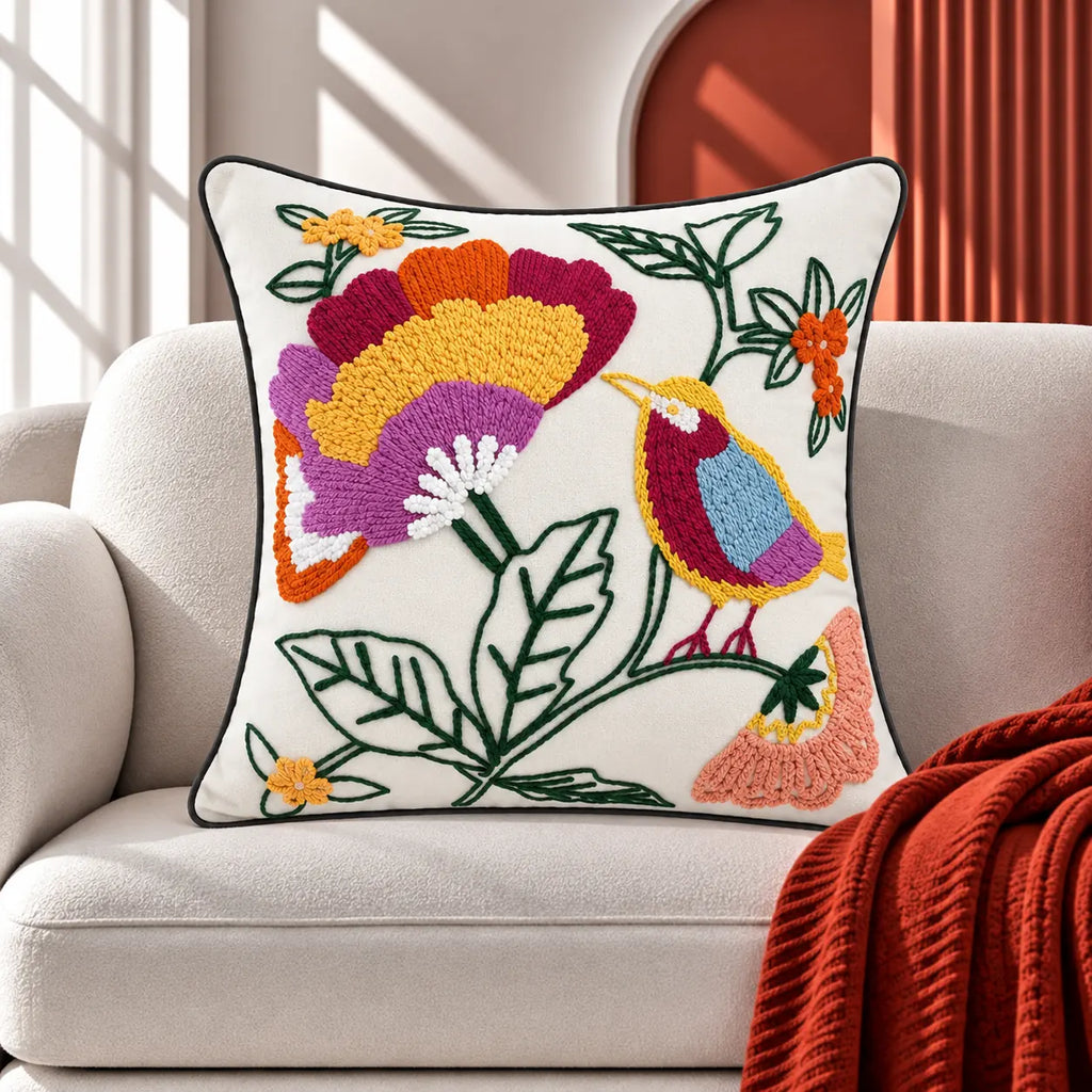 Bird Garden Premium Embroidered Cushion Cover