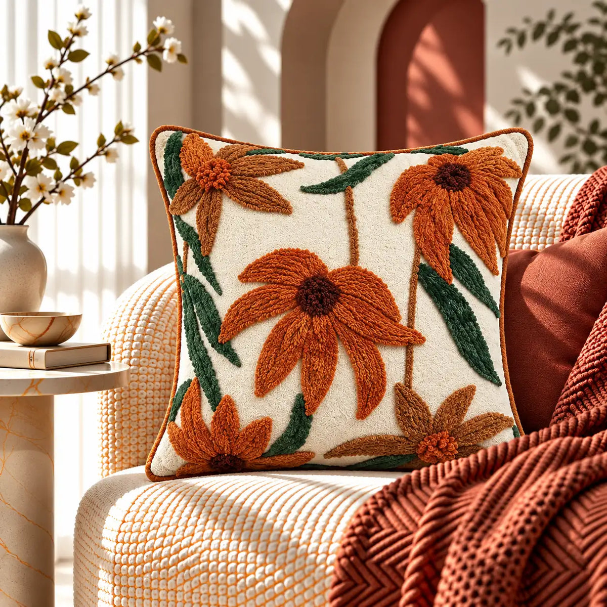 Orange Daisy Embroidered Cushion Cover