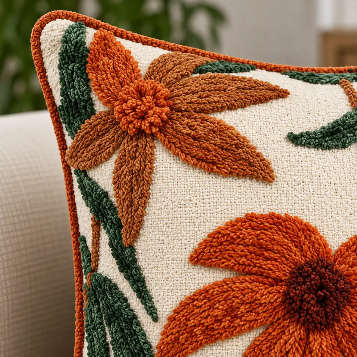 Orange Daisy Embroidered Cushion Cover
