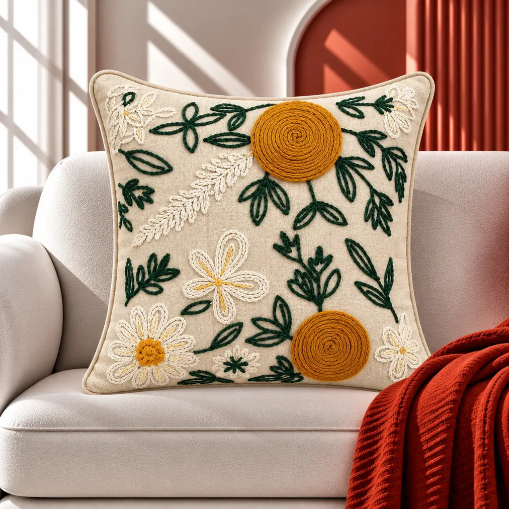Golden Flower Embroidered Cotton Cushion Cover