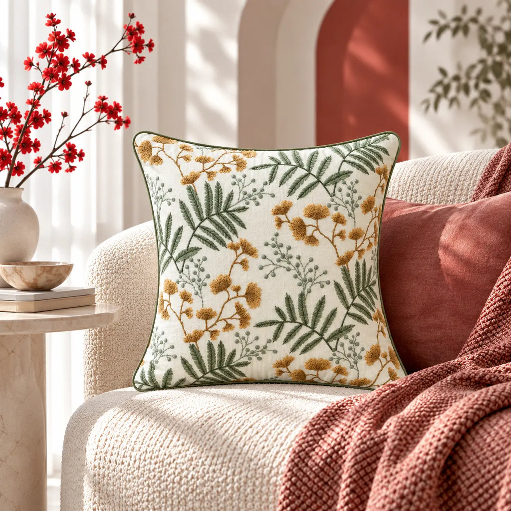 Golden Fern Embroidered Cushion Cover
