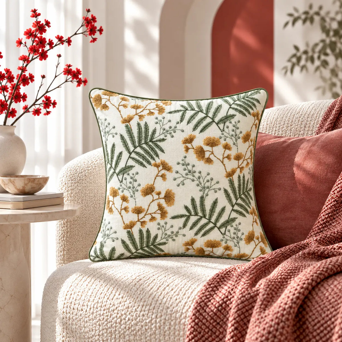 Golden Fern Embroidered Cushion Cover