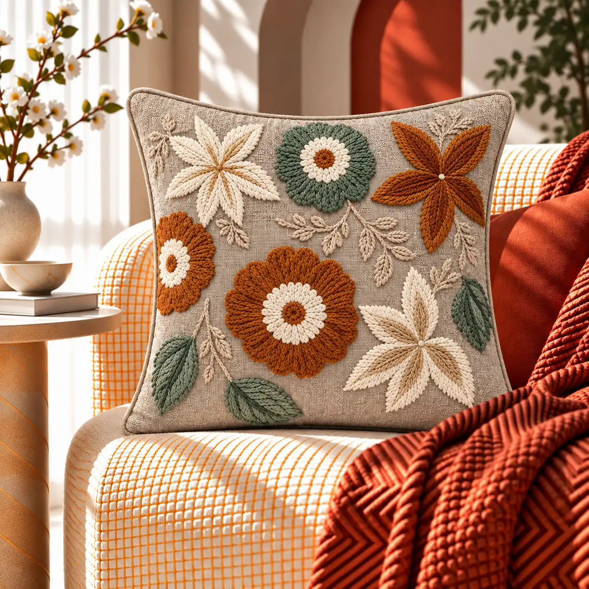 Autumn Flowers Embroidered Cushion Cover