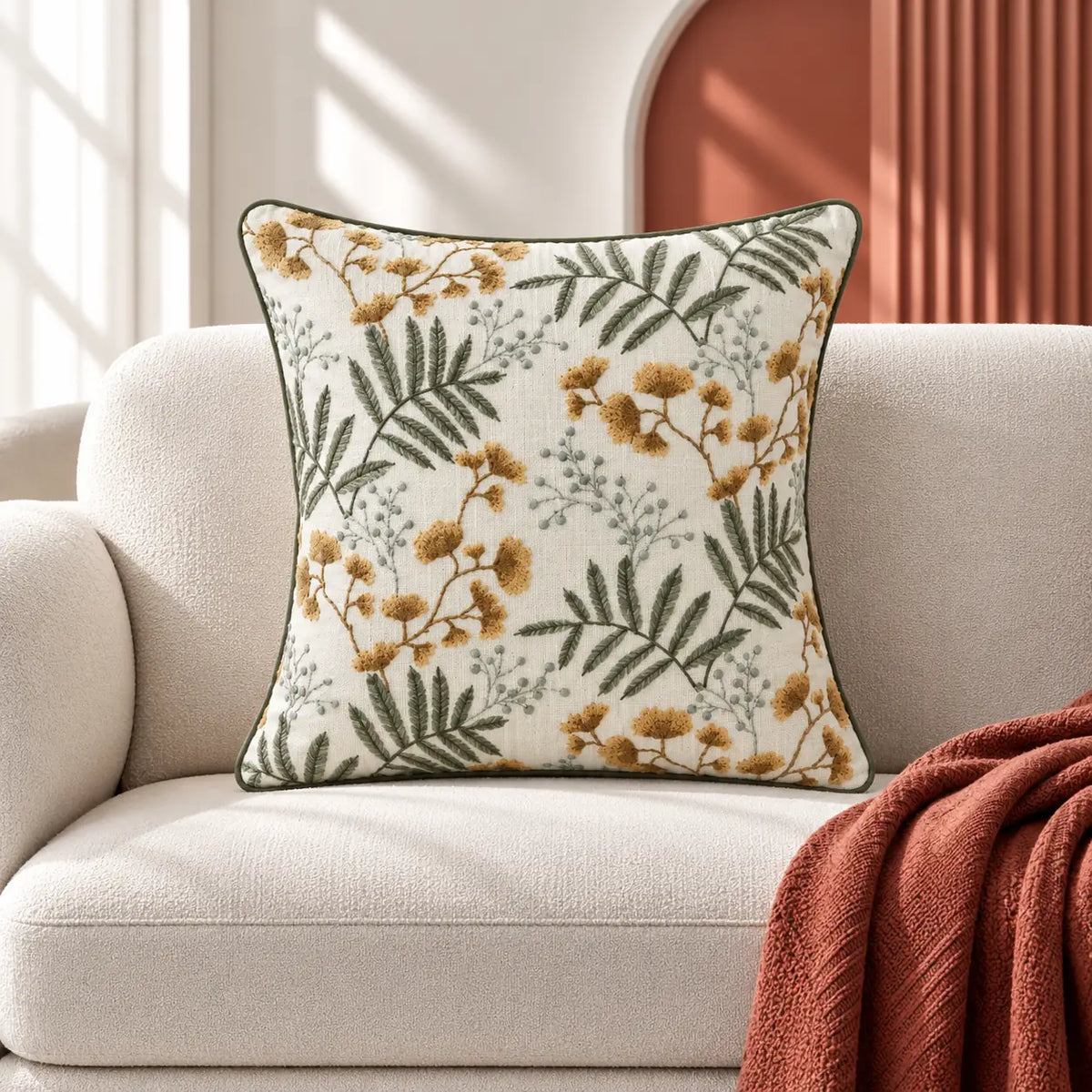 Golden Fern Embroidered Cushion Cover