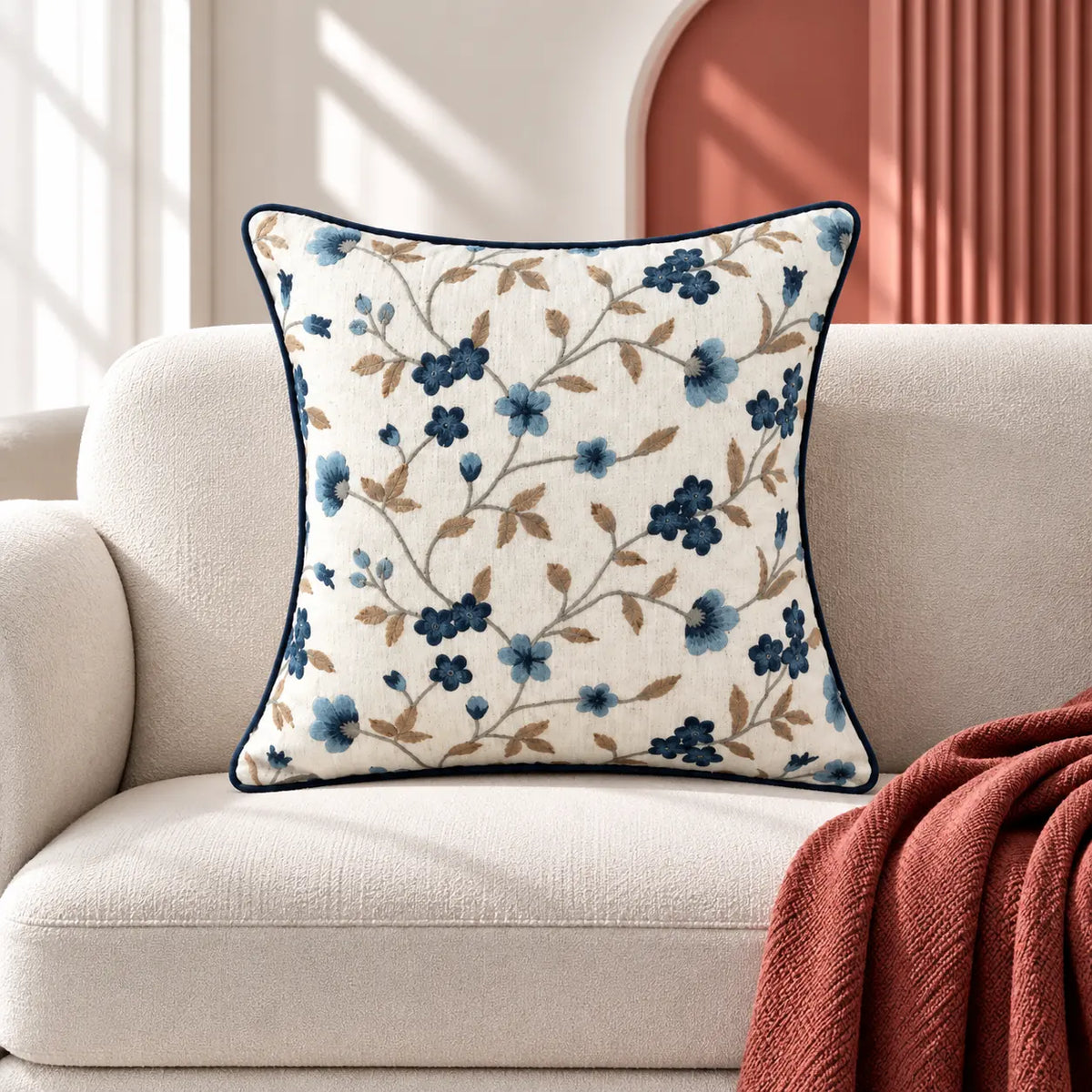 Blue Vine Embroidered Cushion Cover