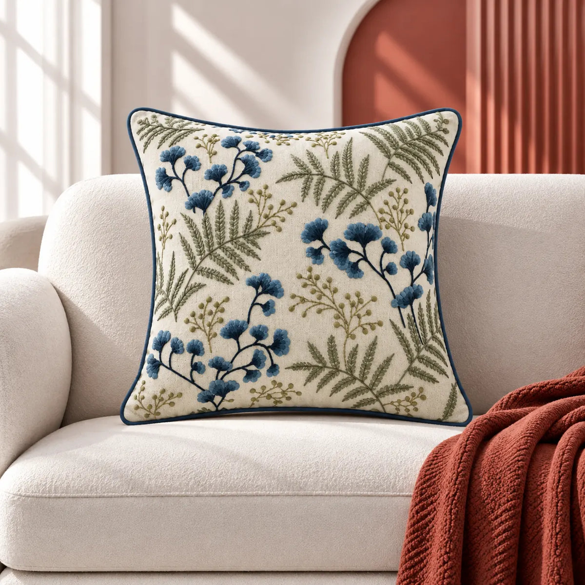 Blue Fern Embroidered Cushion Cover