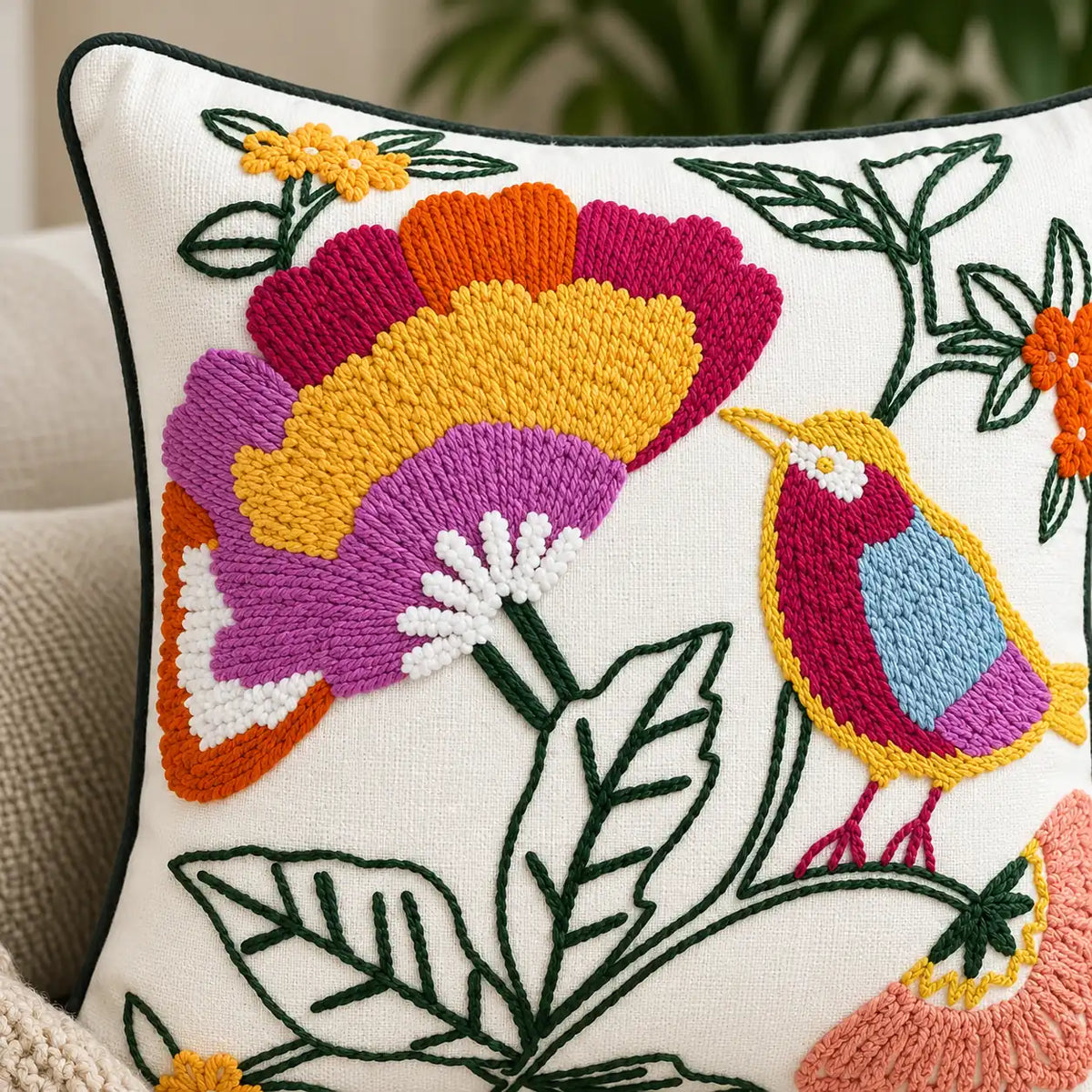 Bird Garden Premium Embroidered Cushion Cover
