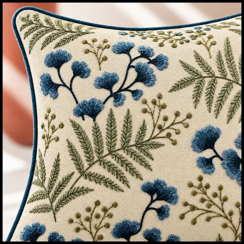 Blue Fern Embroidered Cushion Cover