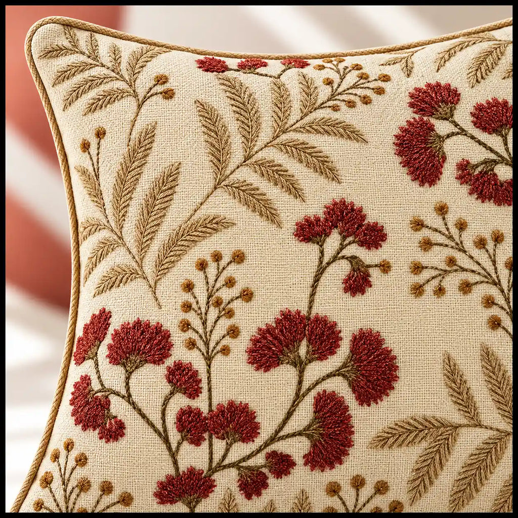 Rust Fern Embroidered Cushion Cover