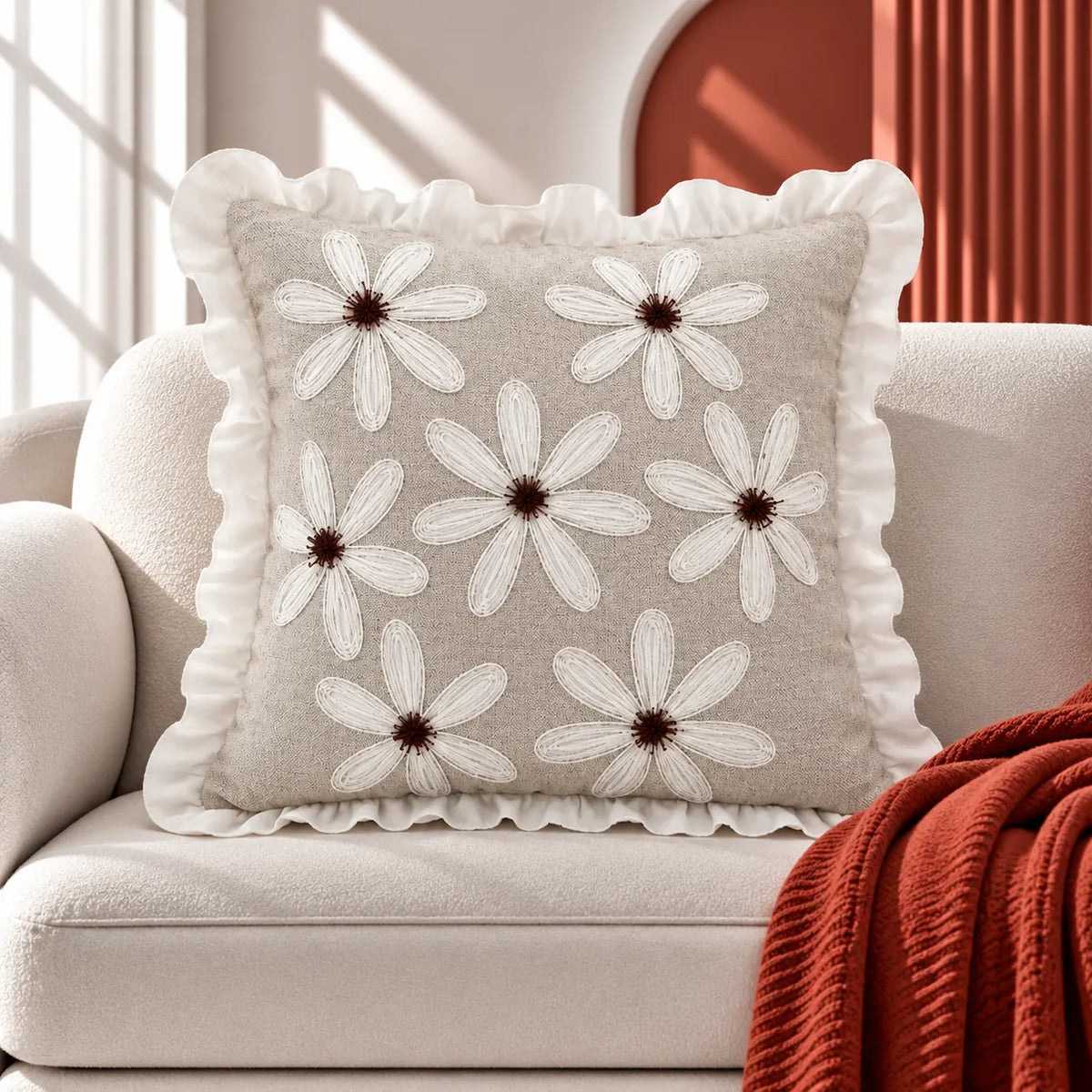 Daisy Ruffle Premium Embroidered Cushion Cover