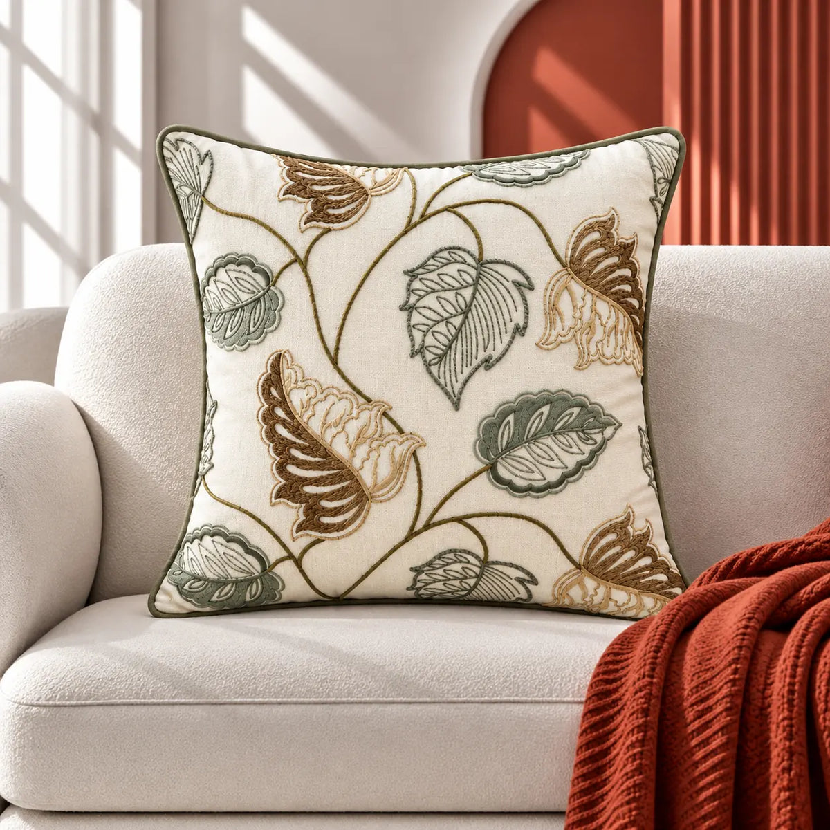 Leaf Trail Embroidered Cushion Cover
