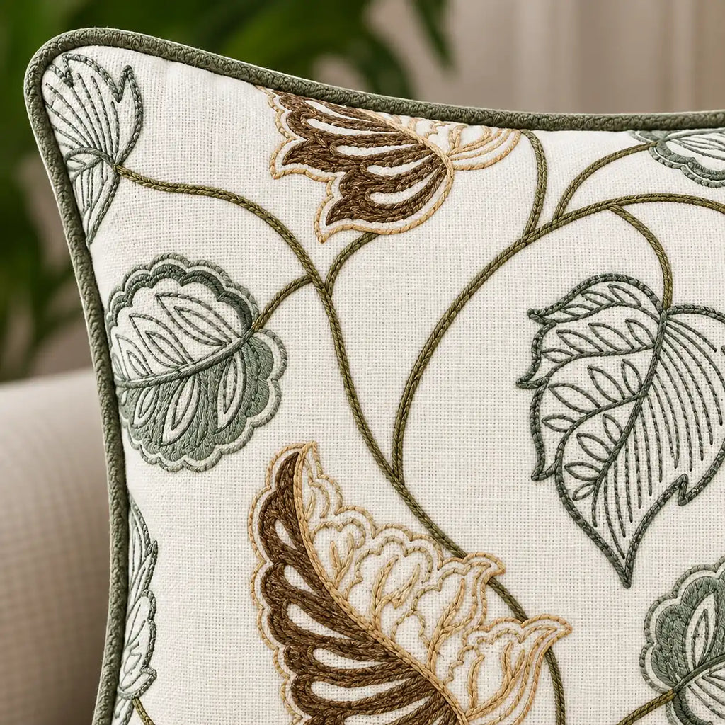 Leaf Trail Embroidered Cushion Cover