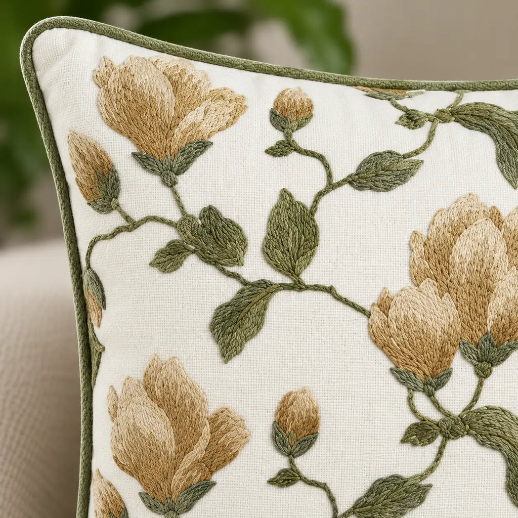 Golden Bloom Embroidered Cushion Cover