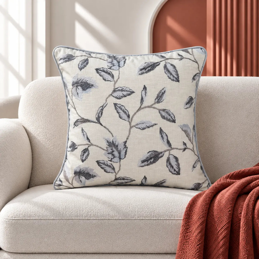 Grey Vine Embroidered Cushion Cover