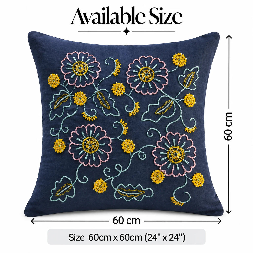 Azure Bloom Embroidered Cushion Cover