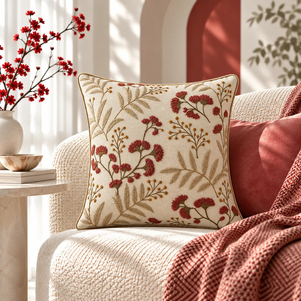 Rust Fern Embroidered Cushion Cover