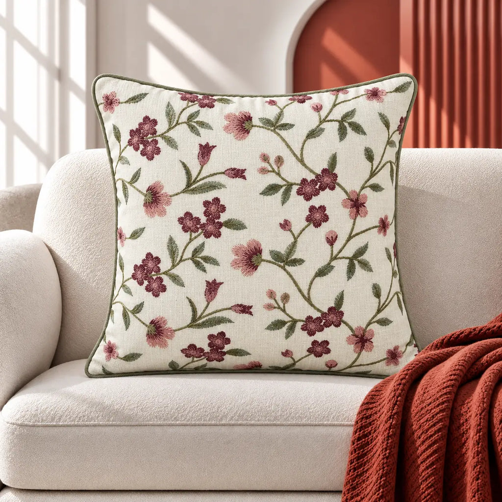 Floral Vine Embroidered Cushion Cover