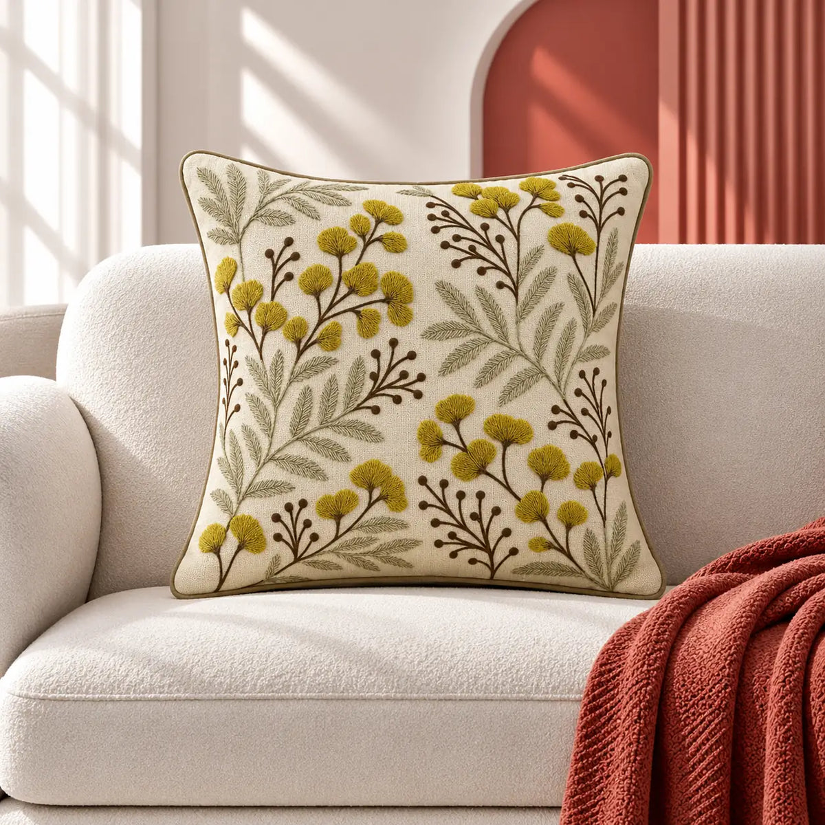 Mustard Bloom Embroidered Cushion Cover