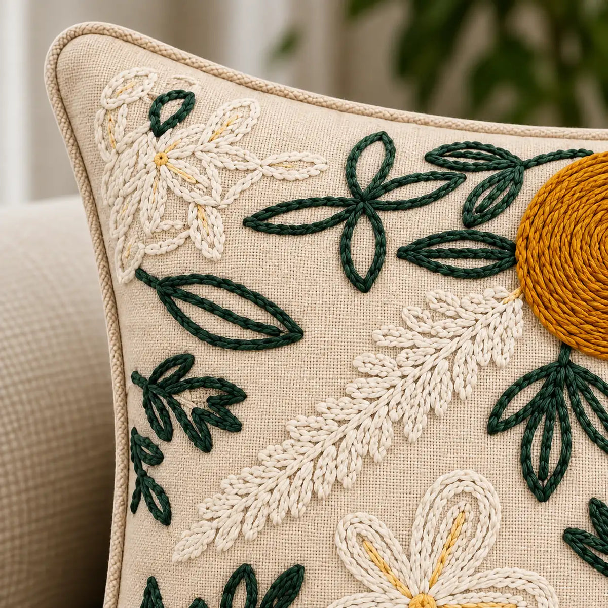 Golden Flower Embroidered Cotton Cushion Cover