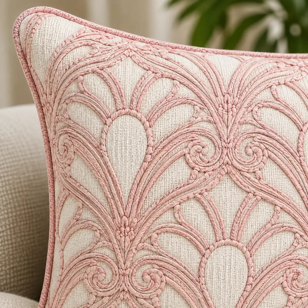 Blush Vine Embroidered Cushion Cover