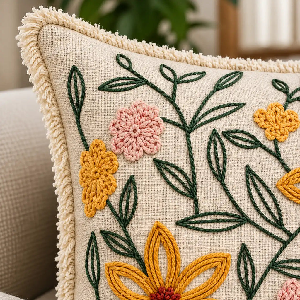 Garden Bloom Embroidered Cotton Cushion Cover
