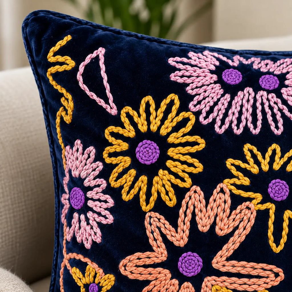 Midnight Flowers Embroidered Velvet Cushion Cover
